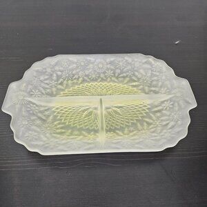 Vintage Festive Flower Frosted Glass Divided Relish Tray Floral Etched 11x7